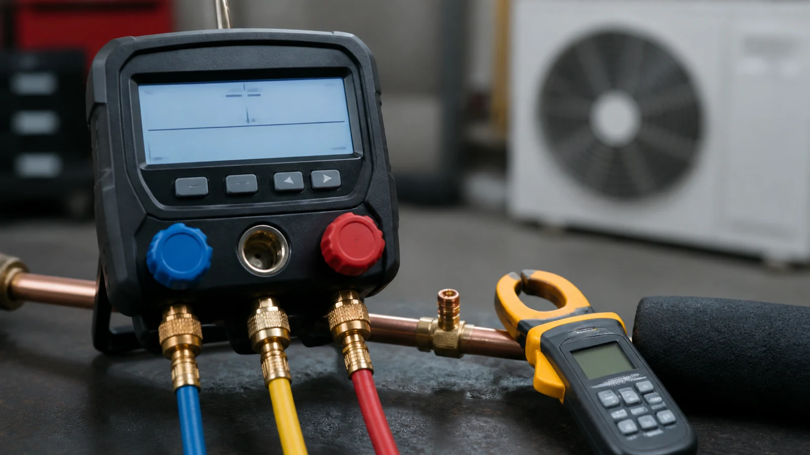 Digital HVAC manifold display beside an unused pipe temperature clamp on a copper suction line