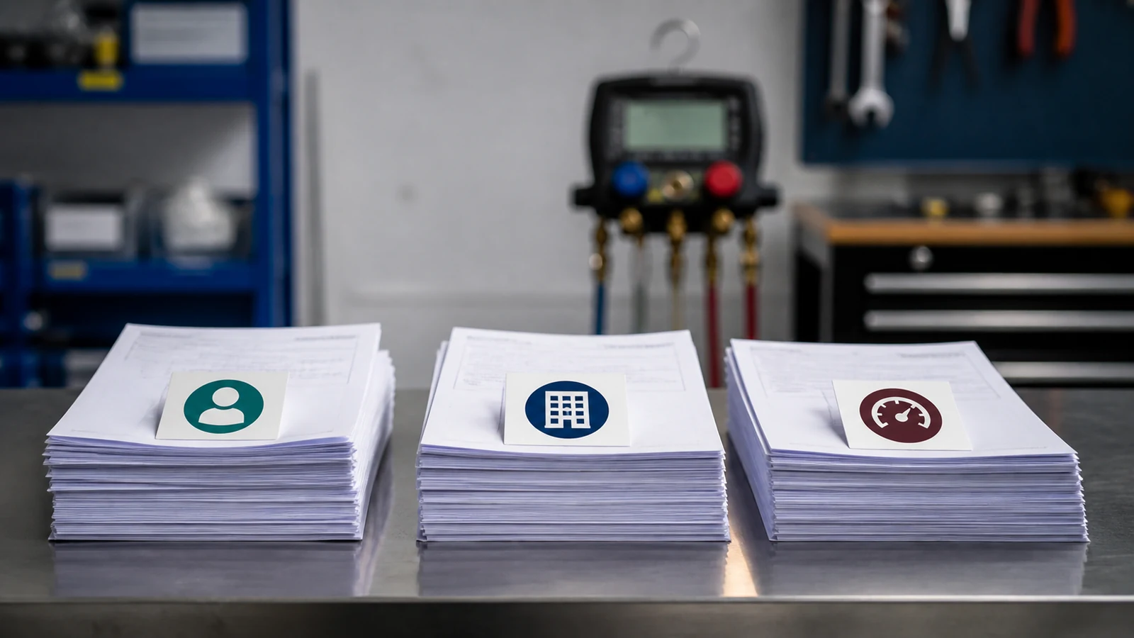 Three labelled paperwork stacks for F-Gas competence, company certification and gauge documents beside a manifold