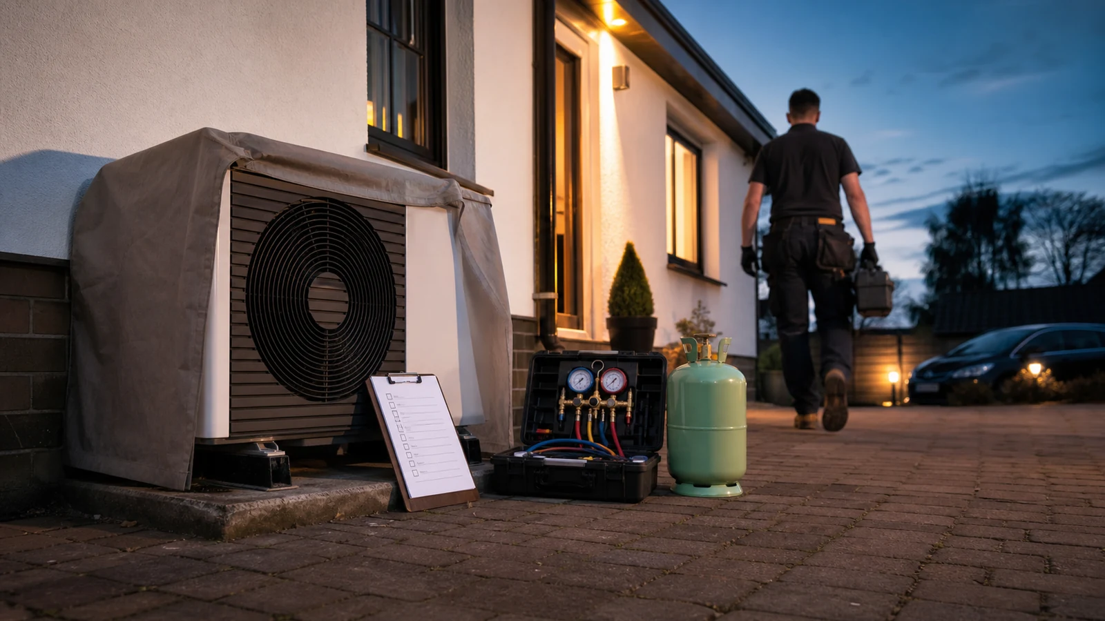 UK heat-pump outdoor unit with overnight commissioning checklist and manifold tool case staged for morning install