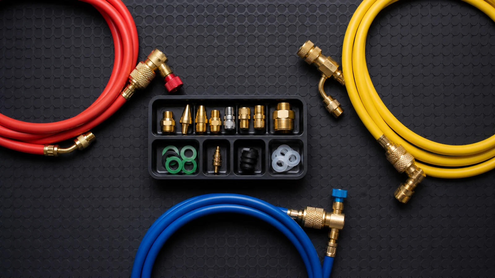 Colour-coded refrigerant hoses showing mixed 1/4 inch and 5/16 inch fittings with spare adapters