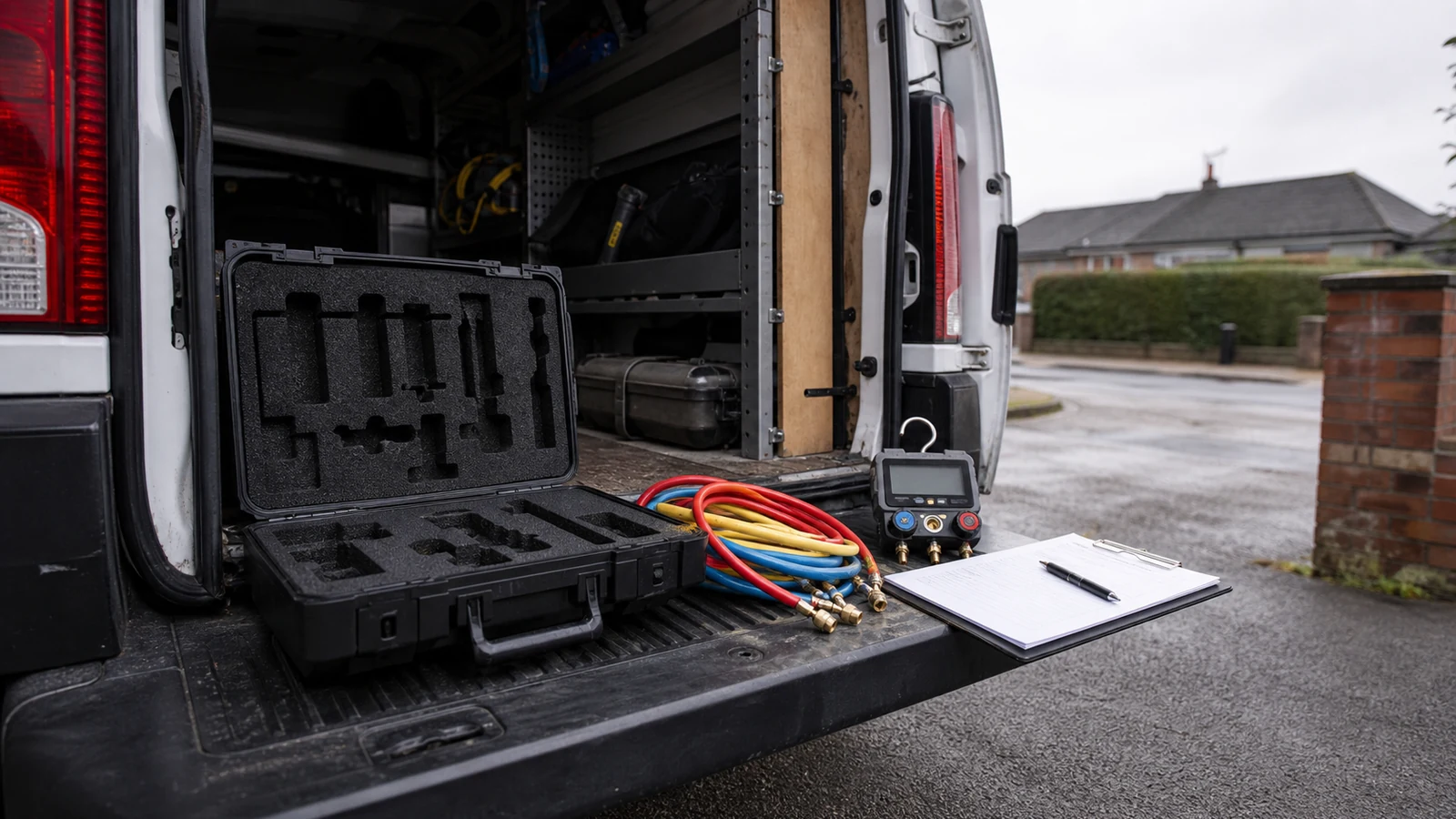Open tool case with digital manifold outline, three service hoses and a first-job checklist on a UK van floor