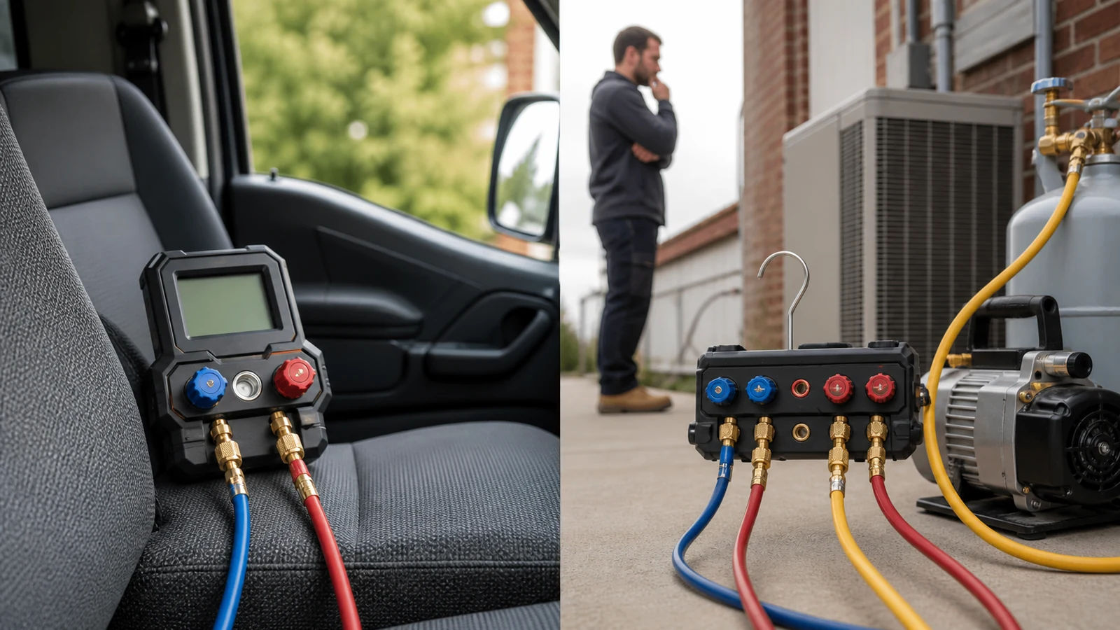 Side-by-side two-valve and four-valve HVAC manifold setups illustrating different UK job workflows